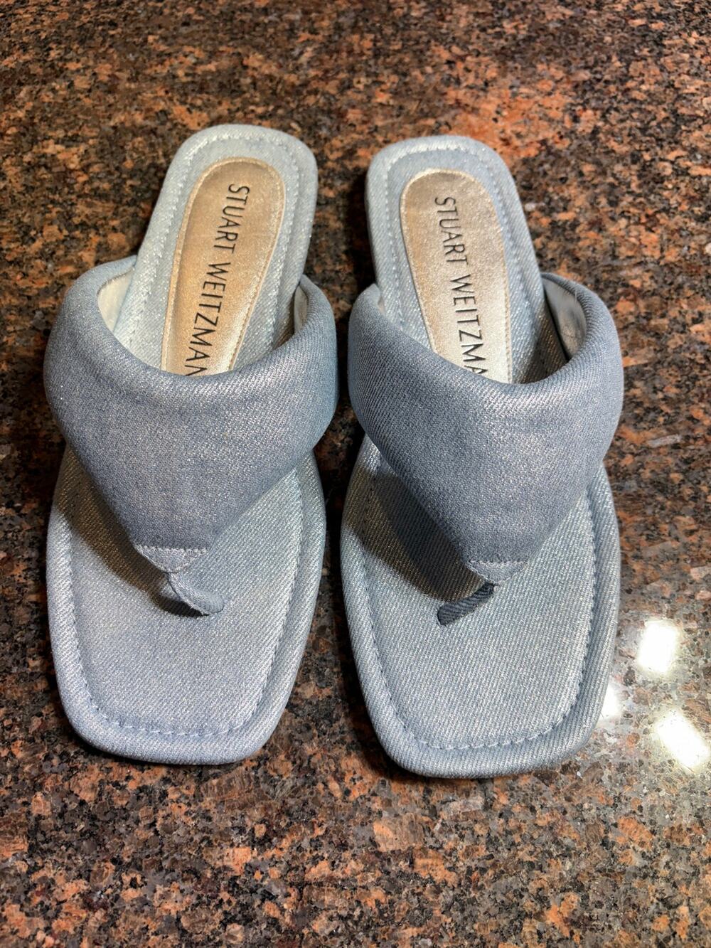 Stuart Weitzman Thong T-Strap Denim Silver Slide Size 9.5 NWOT